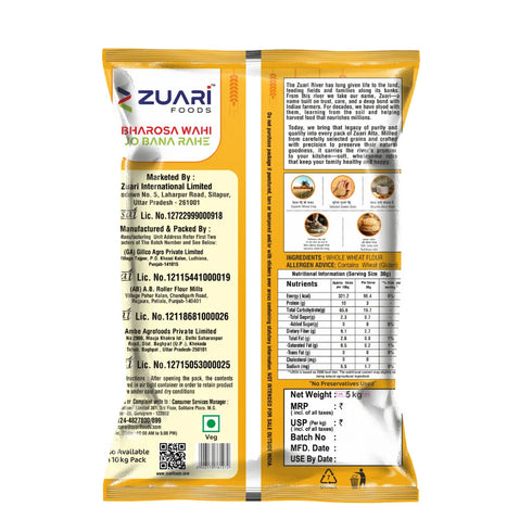 Zuari Foods Chakki Fresh Atta 5kg | Absorbs More water | Non - Sticky Dough