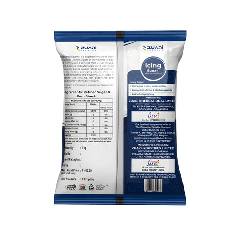 Zuari Foods Icing Sugar 1Kg | Sulphurfree Process | Free Flow | Untouched by Hand